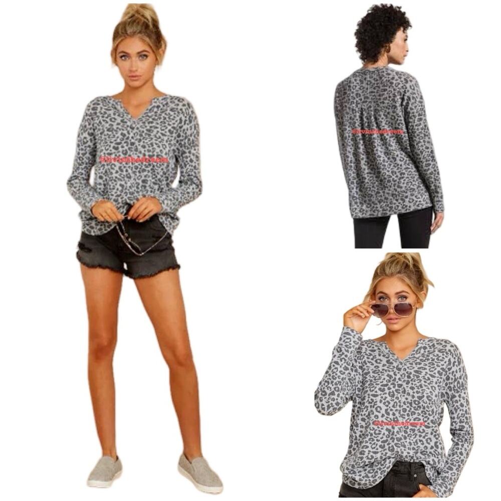 #T82 Z Supply Split Neck Thermal Top Leopard Print SZ M $69